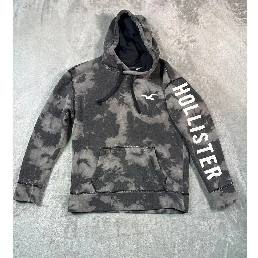 Vtg Hollister Gray Tie Dye Hoodie Small Graphic Sleeve Logo Pullover Y2K